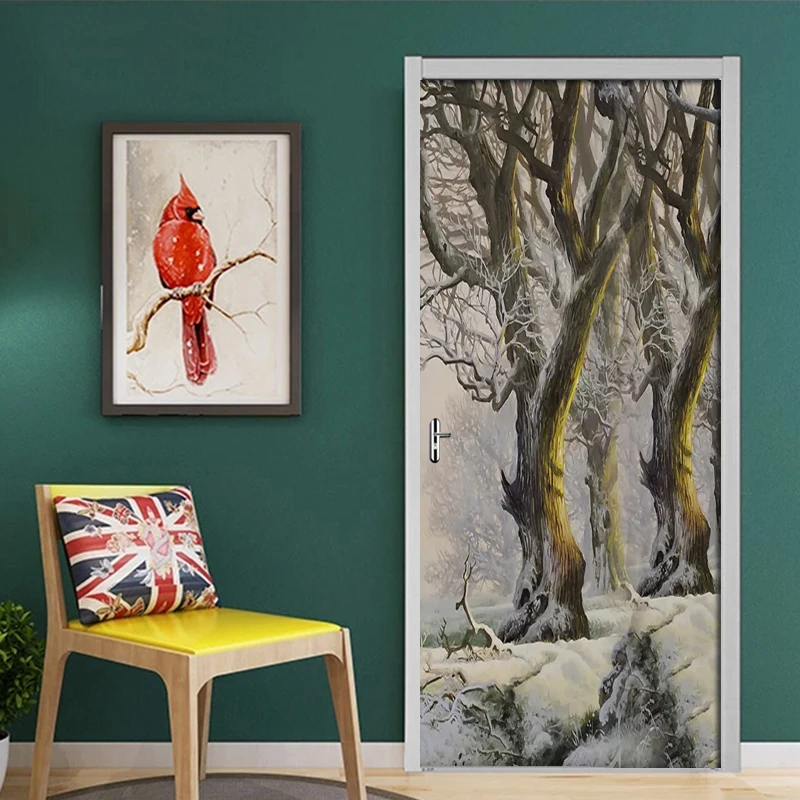 

Door Stickers Beautiful Snow Forest Big Tree Waterproof Mural Living Room Bedroom Door Decor Wallpaper PVC Self Adhesive Decals