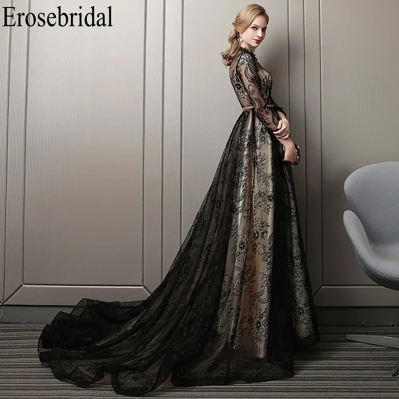 2019 3/4 Sleeve Evening Dress Long Black with Illusion Bodice Elegant O Neck Design Lace Prom Party Gowns Small Train 2019 3/4 Sleeve Evening Dress Long Black with Illusion Bodice Elegant O Neck Design Lace Prom Party Gowns Small Train