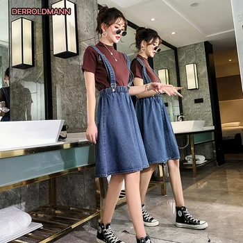 

Summer Adjusted Ladies Suspender Skirt Jeans Women Korean High Waist Plus Size Pleated Skirt Women with Button