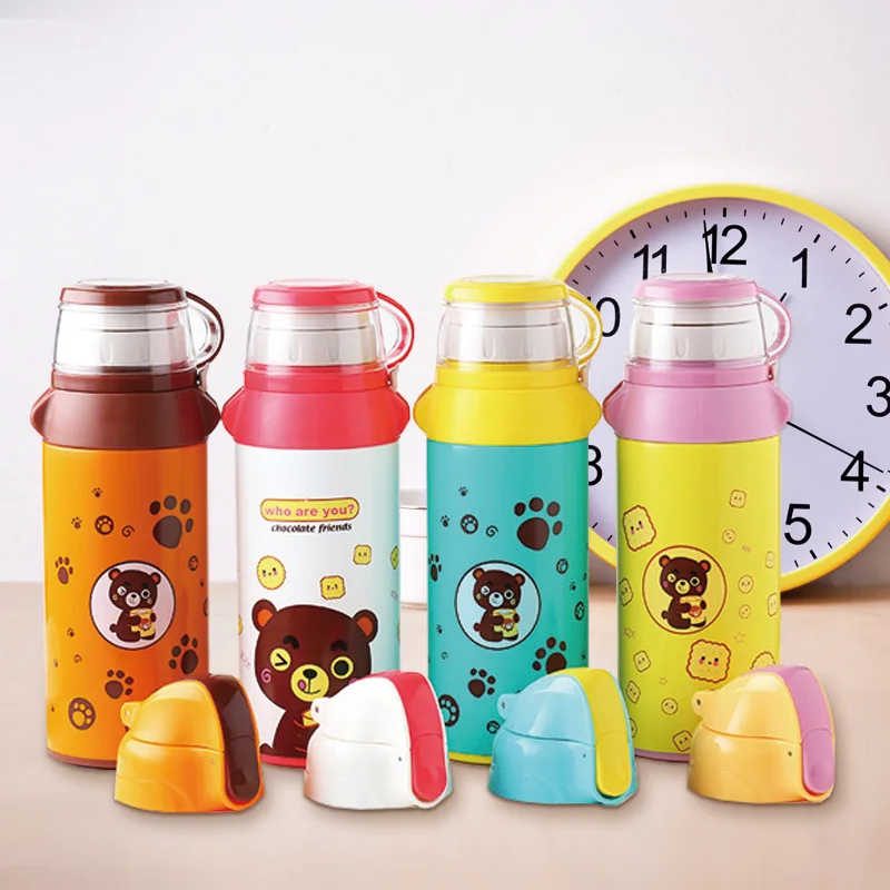 

600ml Large Capacity Baby's Vacuum Flasks Milk&Water Bottle 18/8 Stainless steel Bear Straw Thermos Cup With Rope Include 2 Lids