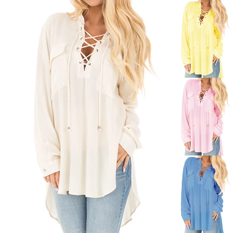 Women's Long Sleeve Lace Up Shirt Ladies Loose Casual Party Blouse Tops T-shirt