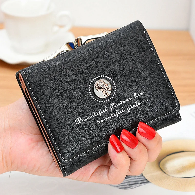 

Wallet Women Small Korean Coin Purse Rose Flower Short Paragraph Cards Wallet Ladies Three-fold PU Leather Female Purse Wallets