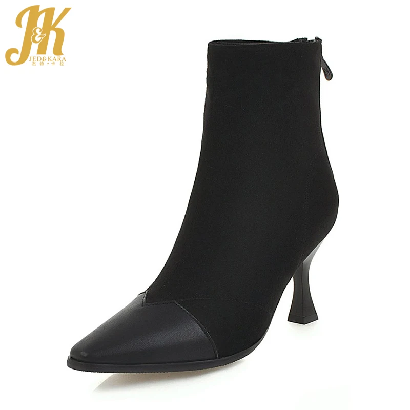 

JK Plus Size 34-48 Ankle Women Ankle Boots Square Toe Zip Footwear Flock Female Boot Pu High Heels Shoes Women 2018 New Winter