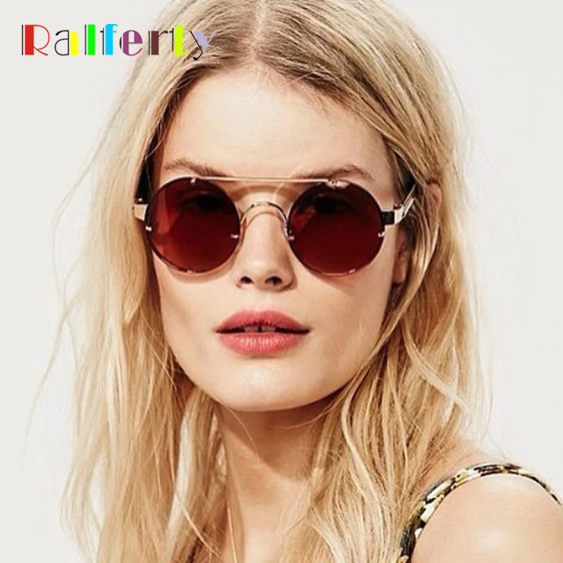 

Ralferty 2018 Vintage Round Sunglasses Women Men Double Bridge Steampunk Goggles Black Metal Shades Gothic Eyewear Oculos F8151