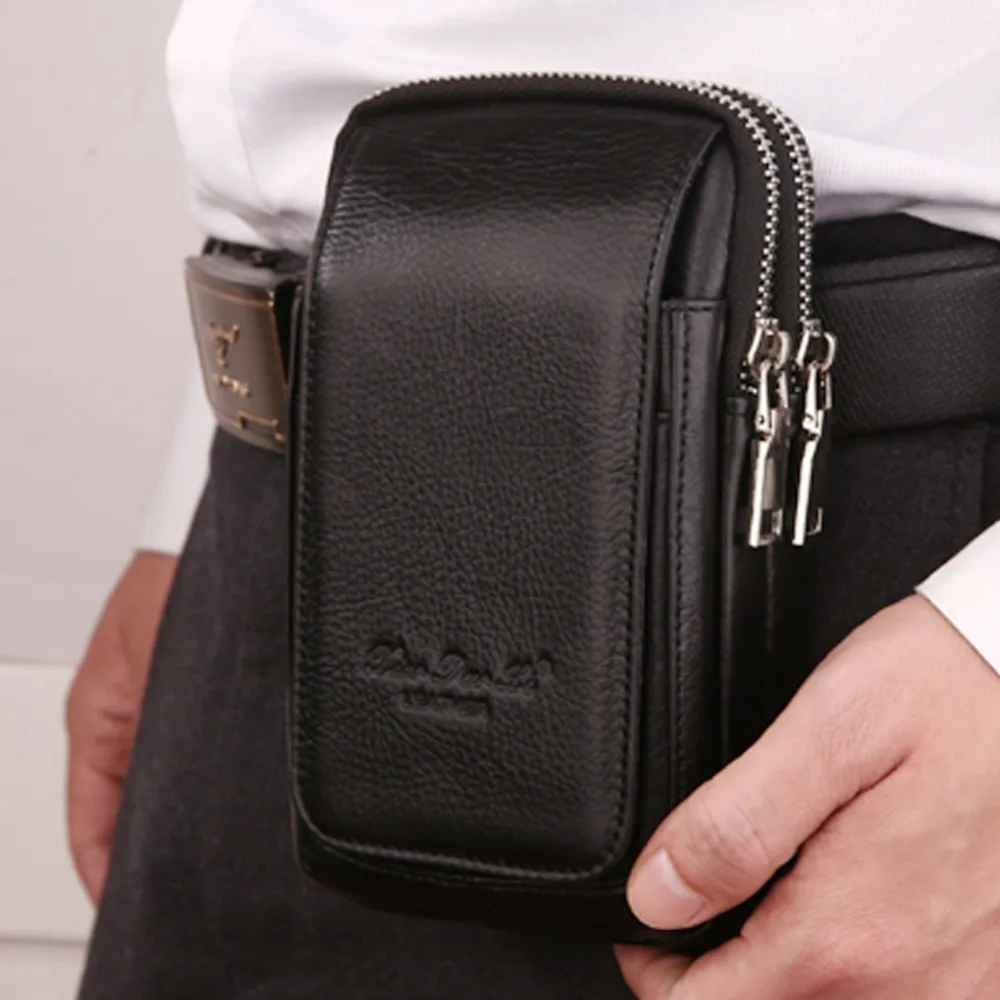 Men Genuine Leather Waist Pack Bag Double Zipper Wallet Cell/Mobile Phone Pocket Cigarette Case ...