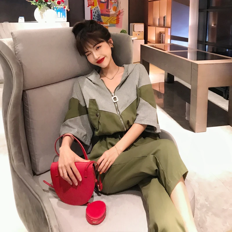 Overall Jumpsuit Female 2019 Summer Short Sleeve Long Pants Loose Korean Hooded Zipper Patchwork Lace Drawstring Playsuits Overall Jumpsuit Female 2019 Summer Short Sleeve Long Pants Loose Korean Hooded Zipper Patchwork Lace Drawstring Playsuits