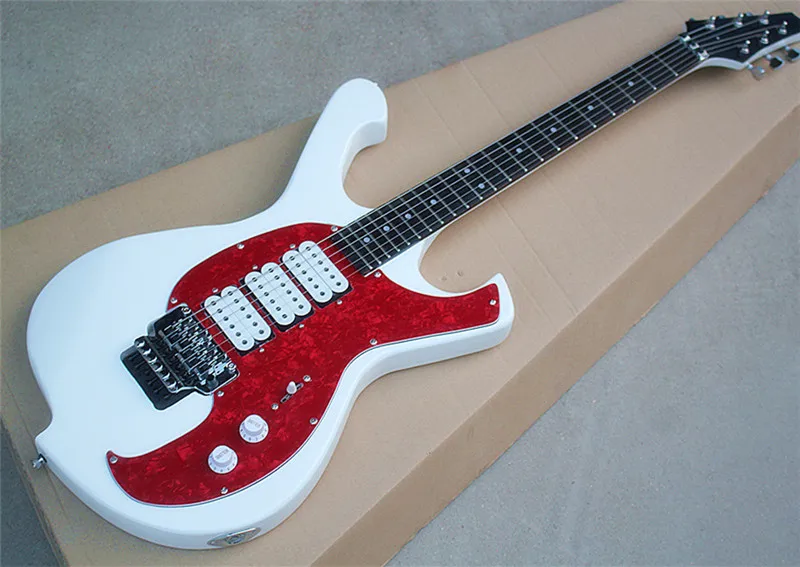 

White Unusual Shape Electric Guitar with 3H Pickups,Red Pearl Pickguard,Tremolo,Chrome Hardwares,can be ucstomized