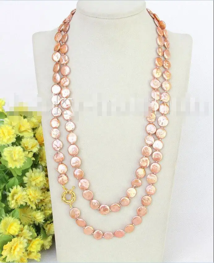 

Hot selling free shipping*******length 48" 12mm coin fastener dark champagne freshwater pearls necklace j11202