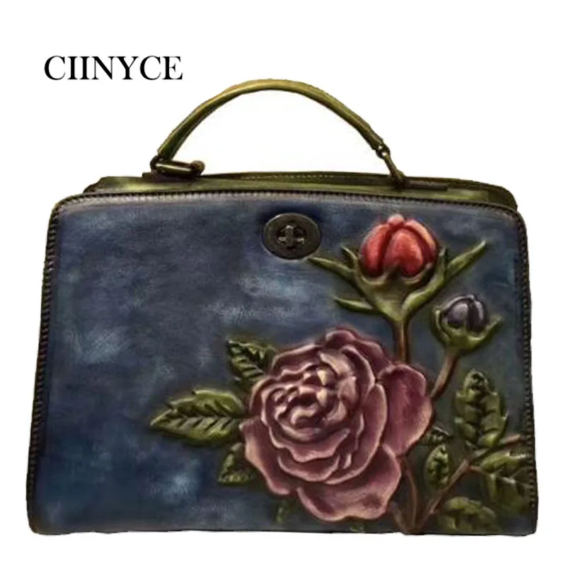 

Genuine Cow Leather Women's handbags vintage style flowers prints female satchel totes crossbody messenger shoulder bags