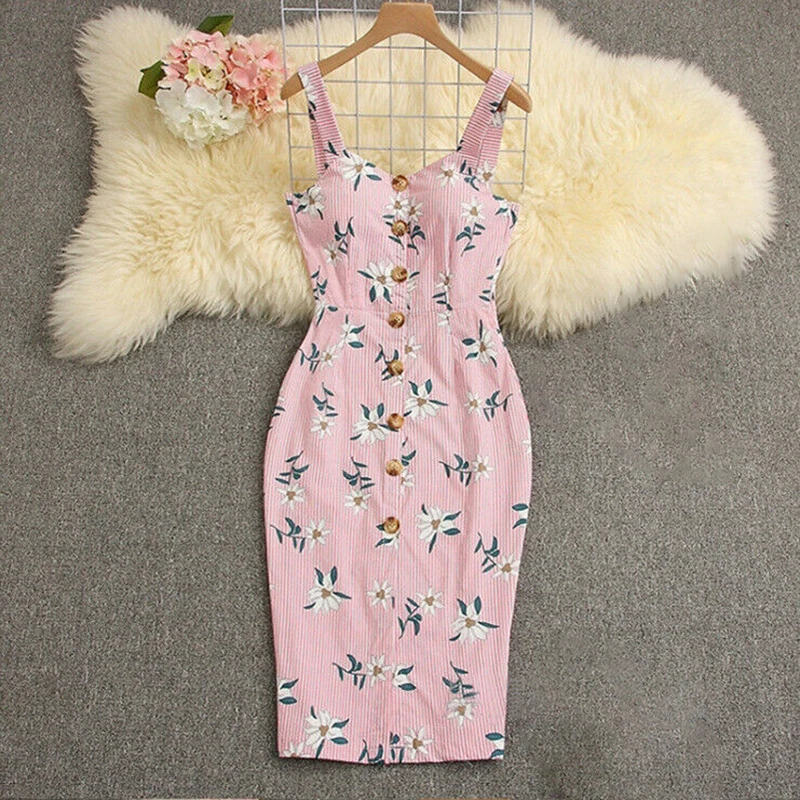 Женское пляжное летнее платье, винтажное стильное коктейльное приталенное ретро платье, Вечерние Повседневные платья на пуговицах в стиле бохо - Цвет: Pink