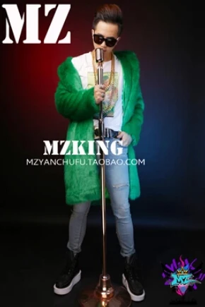 S-5XL! Мужская Новая тонкая диджей певец DJ Rihanna зеленая Высококачественная имитация лисьего меха длинные костюмы с капюшоном пальто с мехом одежда - Цвет: Зеленый