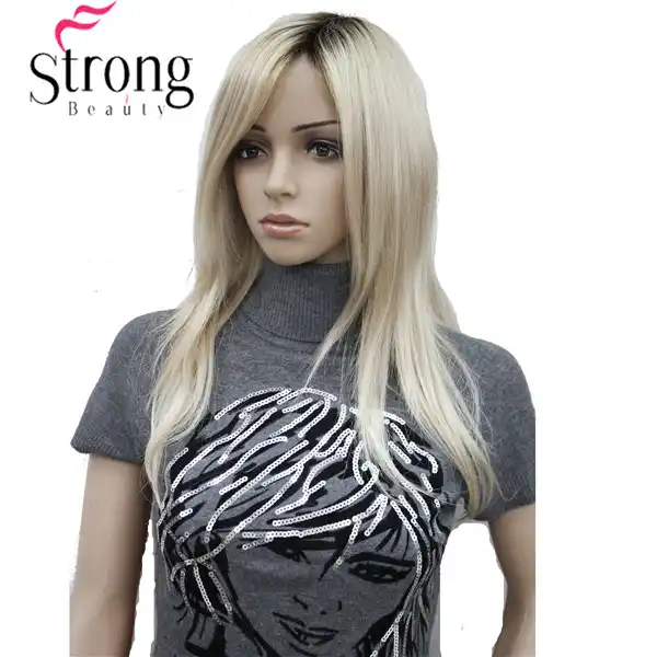 Long Straight Blonde With Dark Roots Side Swept Bangs Synthetic