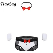 TiaoBug Men Butler Waiter Tuxedo Lingerie Suit See Through Mesh Briefs Underwear Bow Tie Cuffs Underwear Set Hot Sexy Costumes