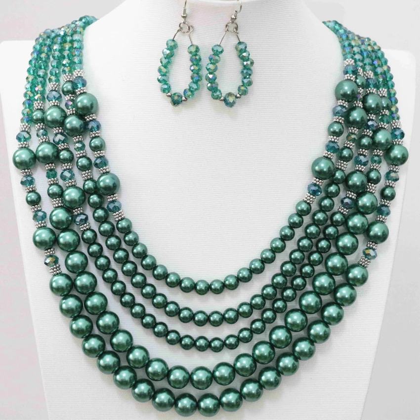 Free shipping 5rows necklace earrings for women peacock green glass crystal faux pearl shell beads high grade jewelry set B983-8