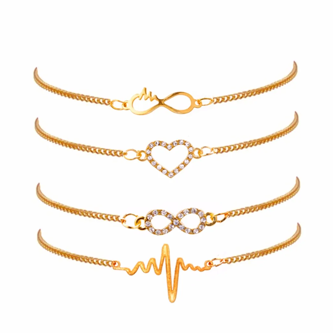 Charming Luxury Crystal Hollow Heart Bracelet Romantic Gold Color Hand Chain Elegant Women's Jewelry Bride Wedding Gifts 4pc/Set