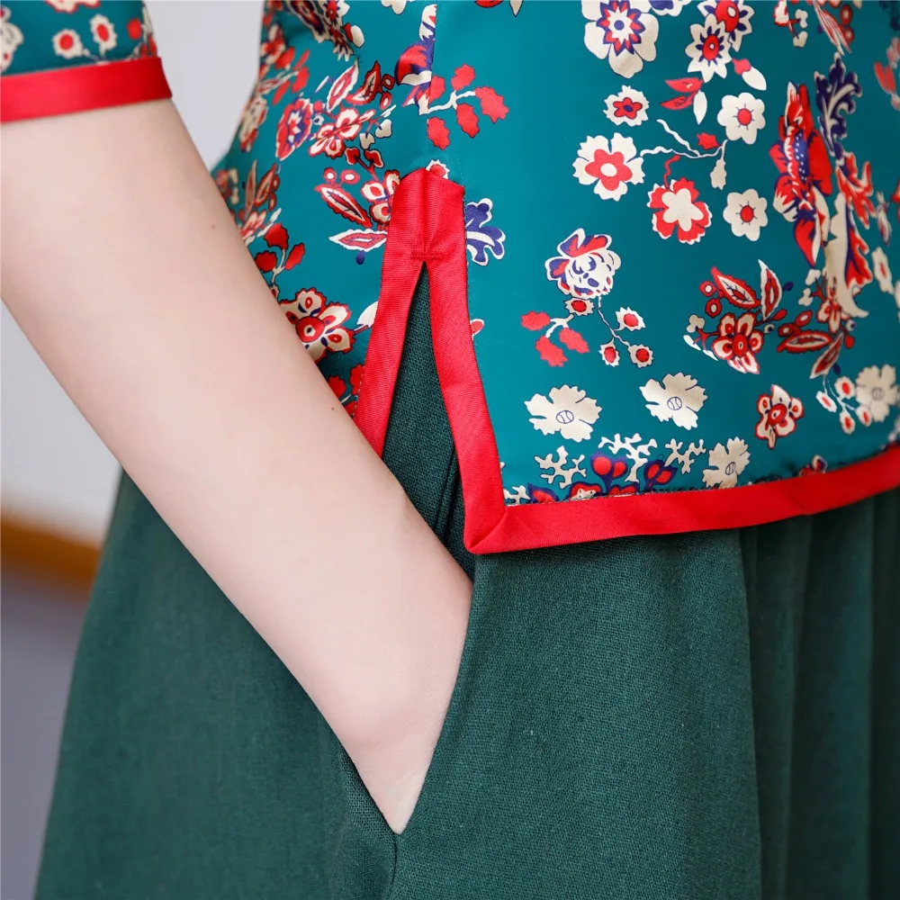 Шанхай история цветочный Cheongsam рубашка Qipao топ с рукавом 3/4 Китайский традиционный топ из искусственного шелка китайская блузка для женщин