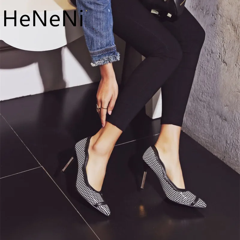 

Spring High Quality Pointed toe Shallow Mouth Splicing Cloth Lattice Pattern uppers Women's High heels Women's Party Shoes 32-43