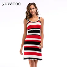 Yovamoo Spaghetti Strap Dress Striped Sleeveless Color Block Split Summer New 2018 Knitted Dresses Women casual striped color block dress