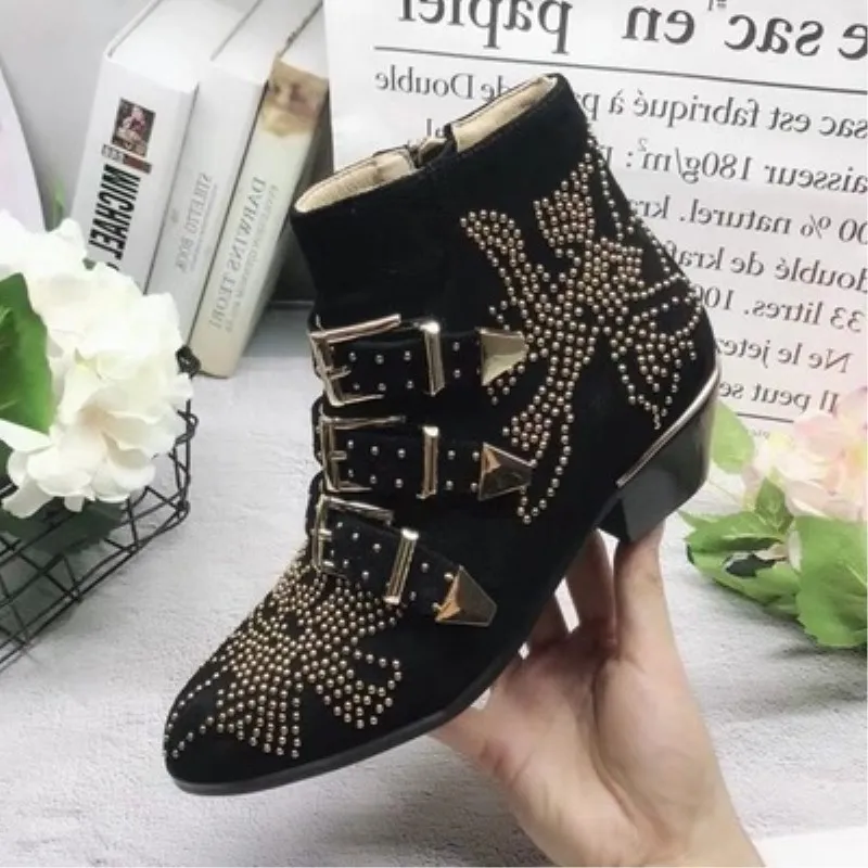 as show Real Leather Zapatos Mujer Studded Susanna Women Short Boots Black Red Blue Wine Chunky Heels Buckled Combat Ankle Booties - Цвет: as show
