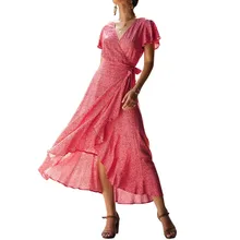2019 Women Summer Floral Print Elegant Bandage Maxi Dress Boho V neck Short Sleeve Party Dresses elegant scoop neck abstract print short sleeve dress for women