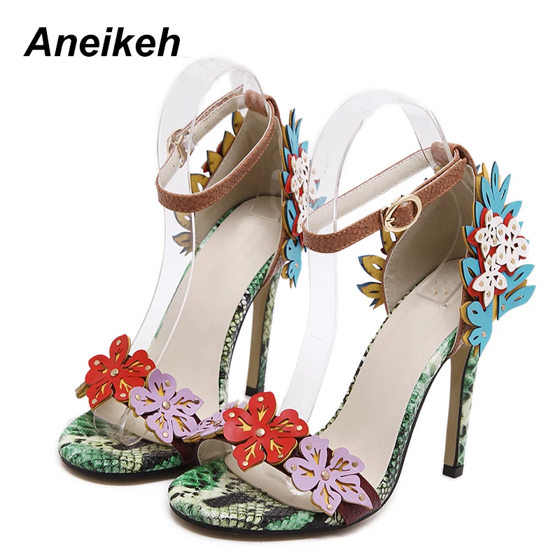 Aneikeh/ г., новые весенние женские босоножки на высоком каблуке новые сандалии на ремешке с пряжкой и цветочным узором разноцветные пикантные женские вечерние туфли, Размеры 35-40