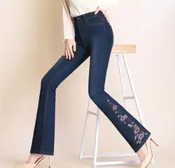 Осенние женские джинсы с вышивкой Свободные Высокая талия загрузки вырезать брюки необработанные края стрейч брюки