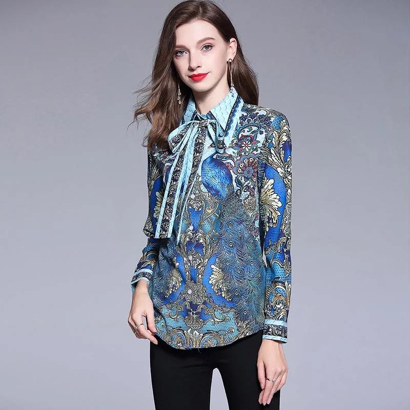 JKKFZY Women Luxury Shirt 2018 Summer New Fashion Peacock Print Long Sleeves Shirt Elegant Casual Blouse Female Vintage JKKFZY Women Luxury Shirt 2018 Summer New Fashion Peacock Print Long Sleeves Shirt Elegant Casual Blouse Female Vintage