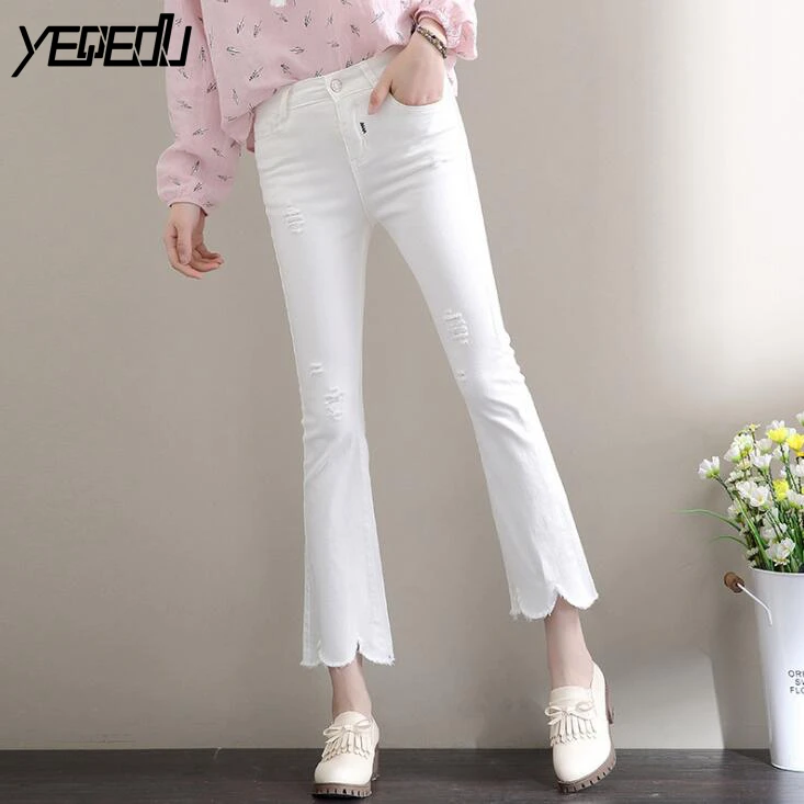 #2903 2019 Stretch Jean Femme Vintage Black/white Ripped Jeans For Women Fashion Skinny Flare Jeans High Waist Bell Bottom Jeans