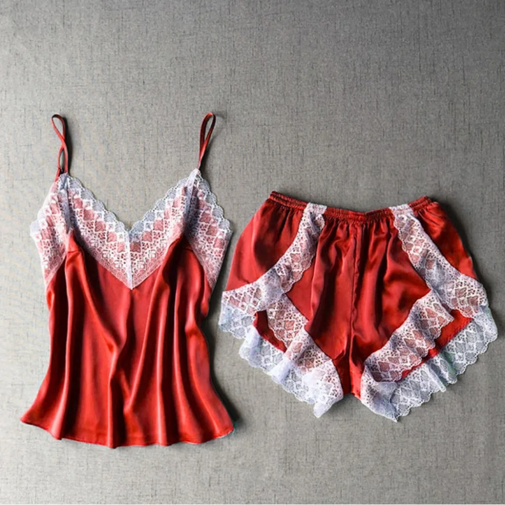 Новая летняя одежда для сна, комплект из 2 предметов, сексуальный кружевной женский пижамный комплект, шорты + бюстгальтер набор модная