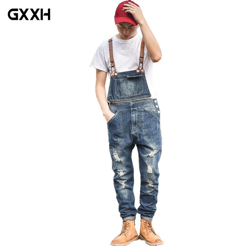 Japanese Slim Denim Bibs Male Zipper Decoration Suspenders Pants