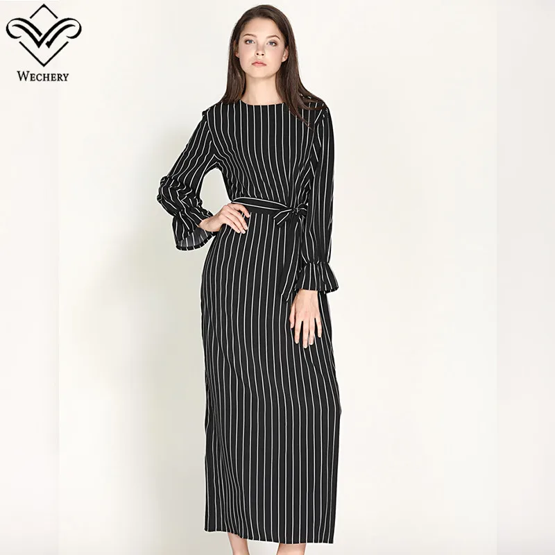 Wechery, женское длинное платье в полоску, тонкое, длинное, абаи, исламский мусульманский стиль, размера плюс, черный, белый, турмпет, рукав - Цвет: Черный