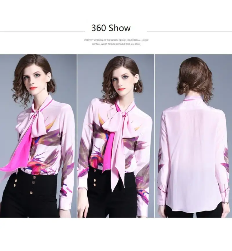 Vestidos Spring Women Blouse 2018 Runway Fashion Print Flowers Bow Plplin Long Sleeve Work Wear Lapel Collar Shirts