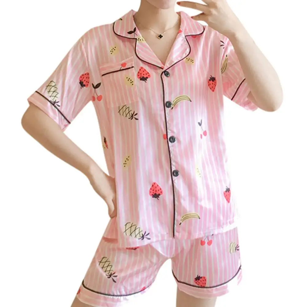 Атласная шелковая женская пижама с принтом, комплект из 2 предметов, розовая одежда для сна размера плюс, Женская свободная одежда для сна, летняя Пижама с коротким рукавом, одежда для сна BB4 - Цвет: A