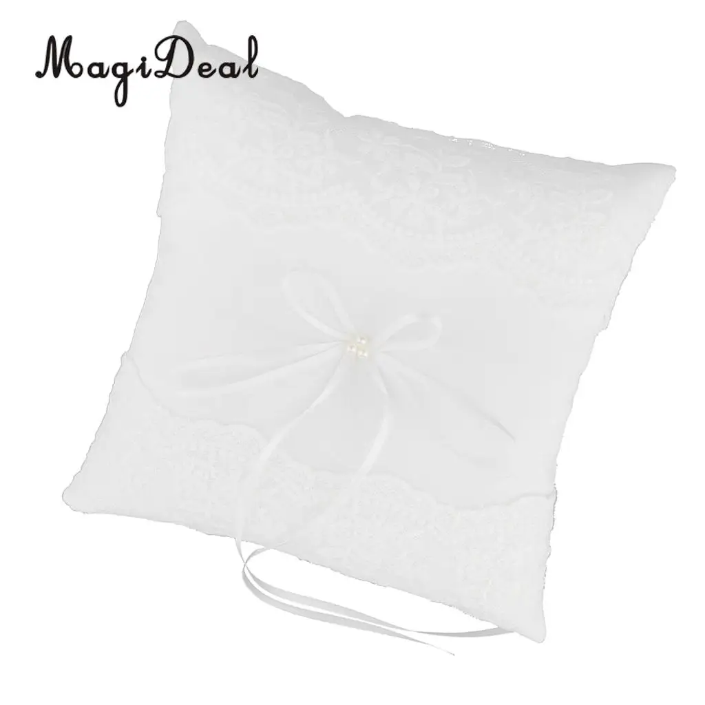 MagiDeal Delicate Wedding Ceremony Party Pearls Lace Ring Pillow Cushion Bearer for Engagement Marriage Proposal Decor White