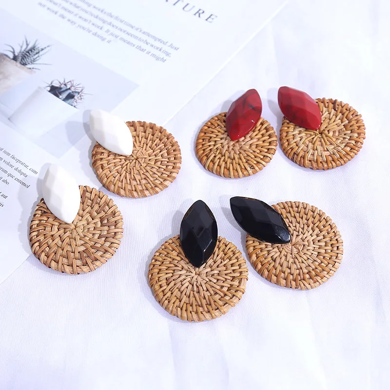 

Women Geometric Exaggerated Resin Handmade Rattan Earring Trend Round Personality Retro Earrings Pendant Ornaments