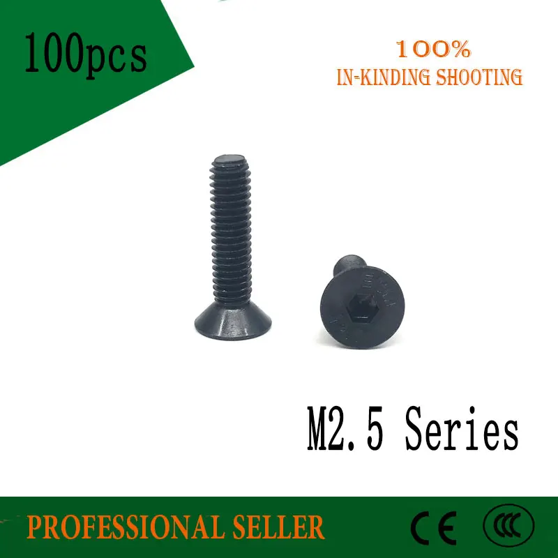 

100pcs 10.9 Metric M2.5 *18/20/22/25/28/30mm Steel Flat Countersunk Head Drive black Hexagon Socket Cap Screw Bolt