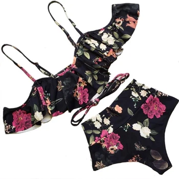 

Women Bandage Push Up Padded Sweet Ruffles Slash Neck Chiffon Floral Summer Bikini Swimwear Bathing Beachwea Set
