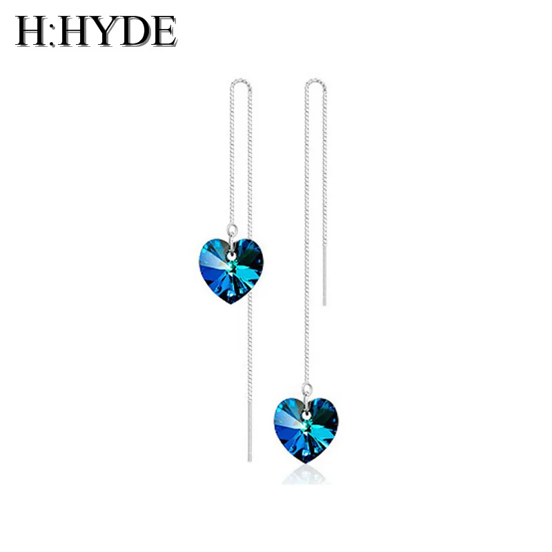 

H:HYDE Fashion Blue Pink Facted Crystal Rhinestone Heart Chain Long Dangle Drop Earrings for Women Girl Female Ear Jewelry DY