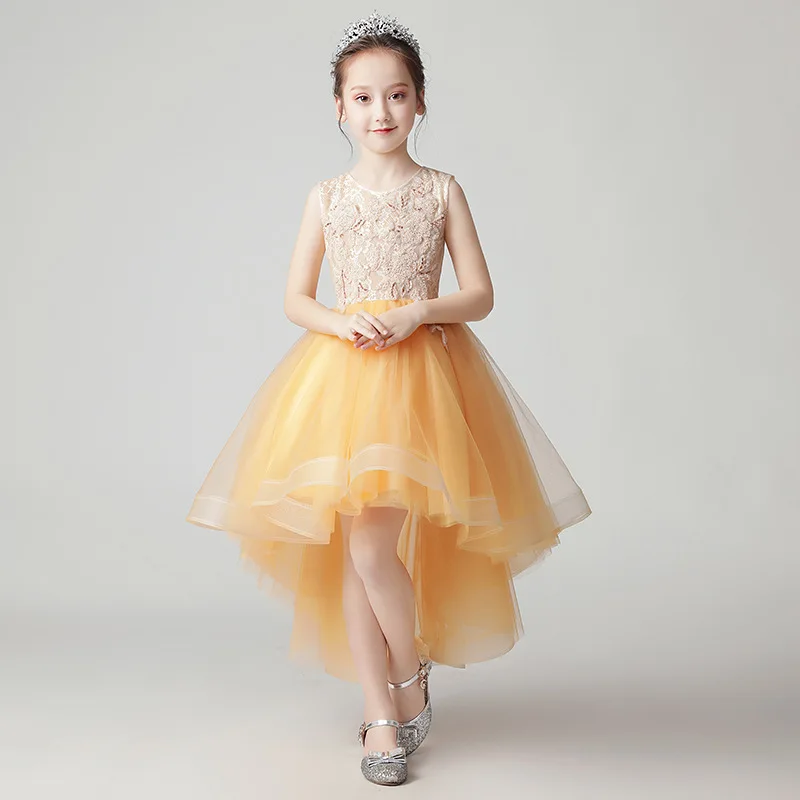 

Luxury Yellow Beading Flower Girl Dresses Wedding Short Front Long Back Girl Formal Dress Ball Gown Princess Birthday Dress B424