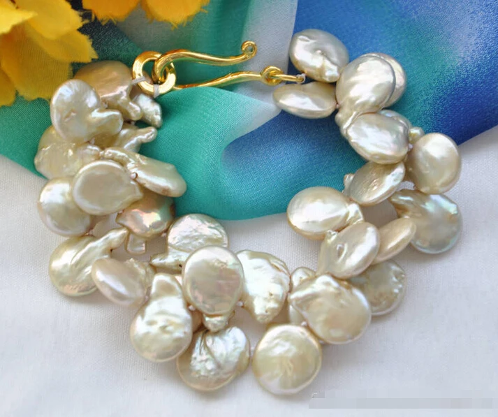 

Z5408 NICE 2row 8" 15mm coin champagne Freshwater cultured pearl bracelet @^Noble style Natural Fine jewe SHIPPING new >>free sh