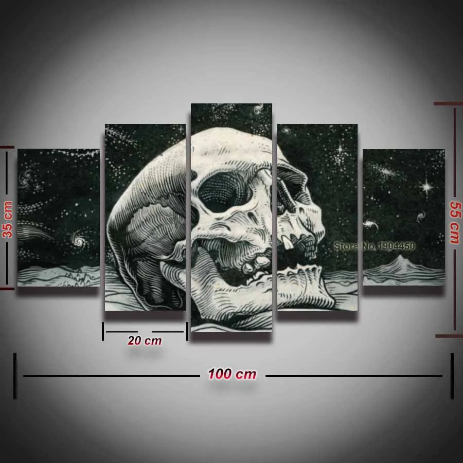 5 panel Printed skull art picture painting on canvas for wall decor