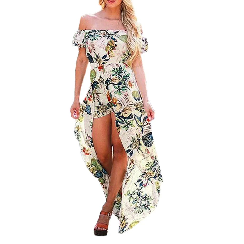 

Boho Print asymmetrical Party Dress Women Sexy Off Shoulder Beach Maxi Dress Summer Split Sundress Plus Size