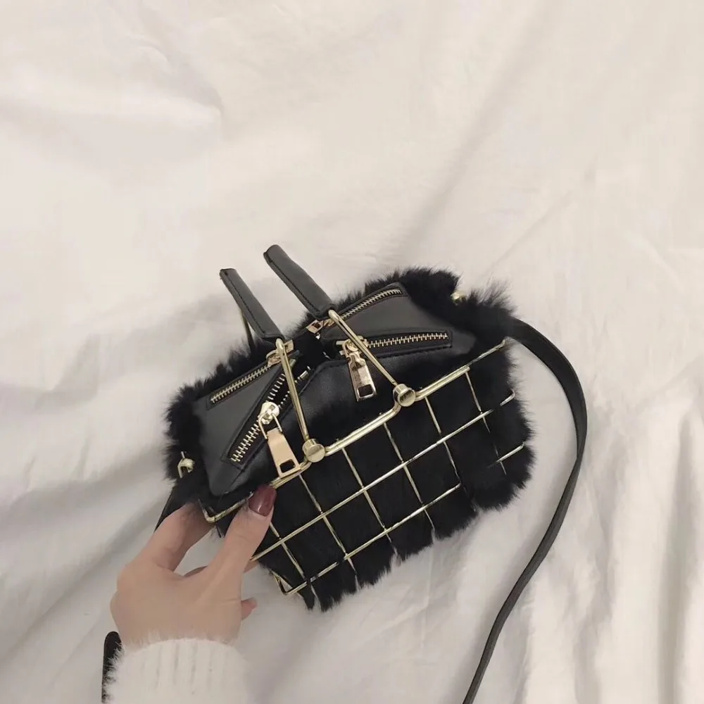

Fashion Rabbit Hair Real Fur Women Messenger Bags Metal Basket Frame Leather Strap Shoulder Bags Casual Clutches Tote Handbags