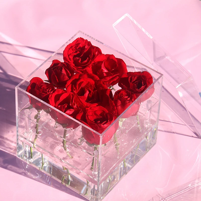 

Fashion Gift Box Clear Acrylic Rose Flower Box Makeup Organizer Cosmetic Tools Holder Flower Gift Box For Girlfriend Woman Wi