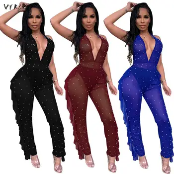 

Mesh See Though Pearl Beading Sexy Deep V-neck Ruffles Side Jumpsuit Open Back Club Romper Playsuit Patchwork Long Jumpsuits