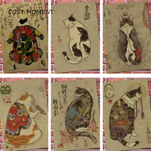 Cat Cafe Japanese Samurai Cat Vintage Poster Retro Cat Cafe Room Wall Decorative Painting Poster