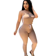 New Women Casual Strapless Jumpsuit Sexy Sleeveless Off Shoulder Romper Skinny Drawstring Striped Side Bodycon Fitness Overalls grey casual velvet off shoulder drawstring waist jumpsuit