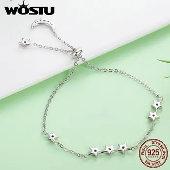 

WOSTU Brand New Real 925 Sterling Silver Moon & Stars Adjustable Chain Bracelet For Women Fine Jewelry New Year Gift BKB007