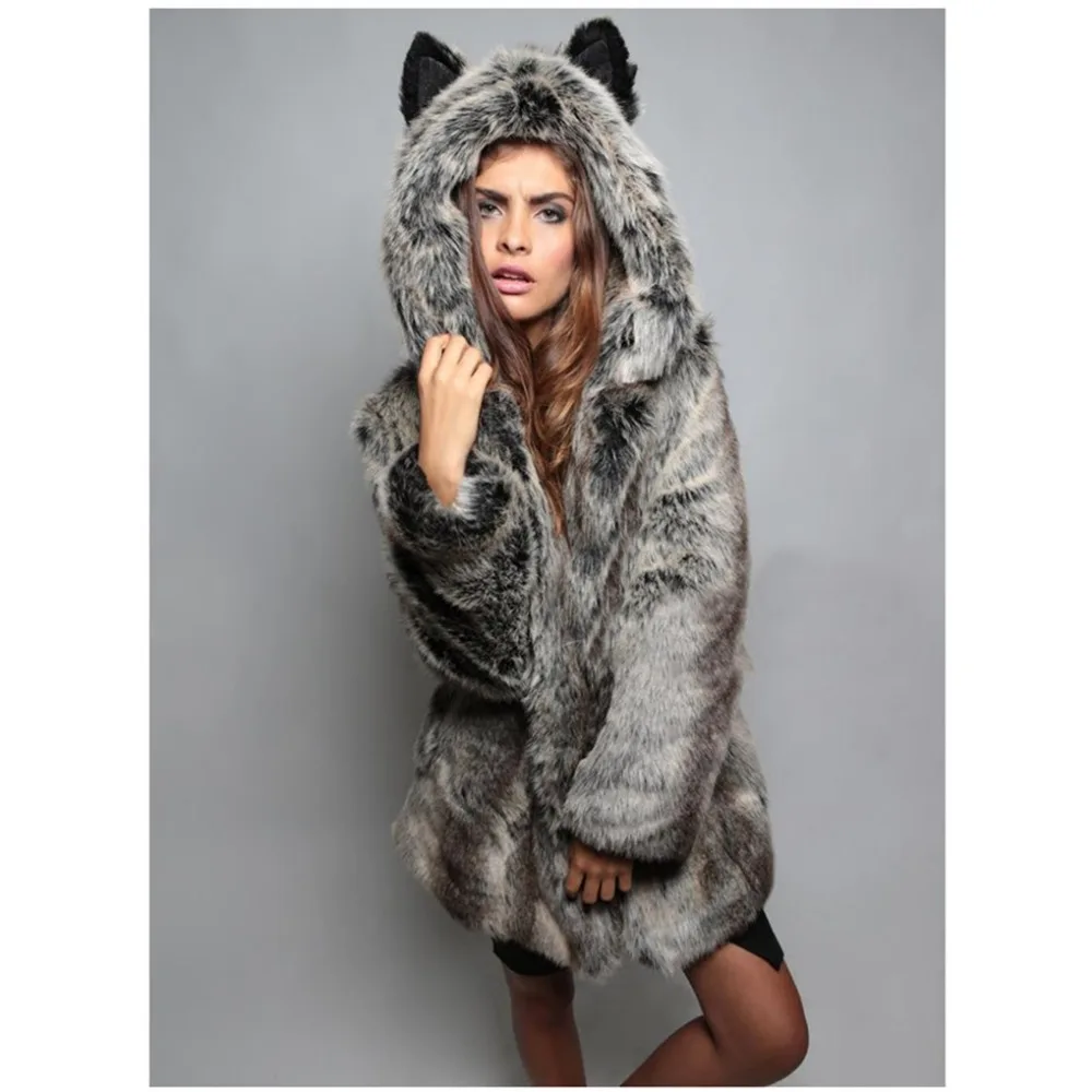 BUY LIFE 2017 Winter women rabbit fox faux fur hooded Animal ear coat