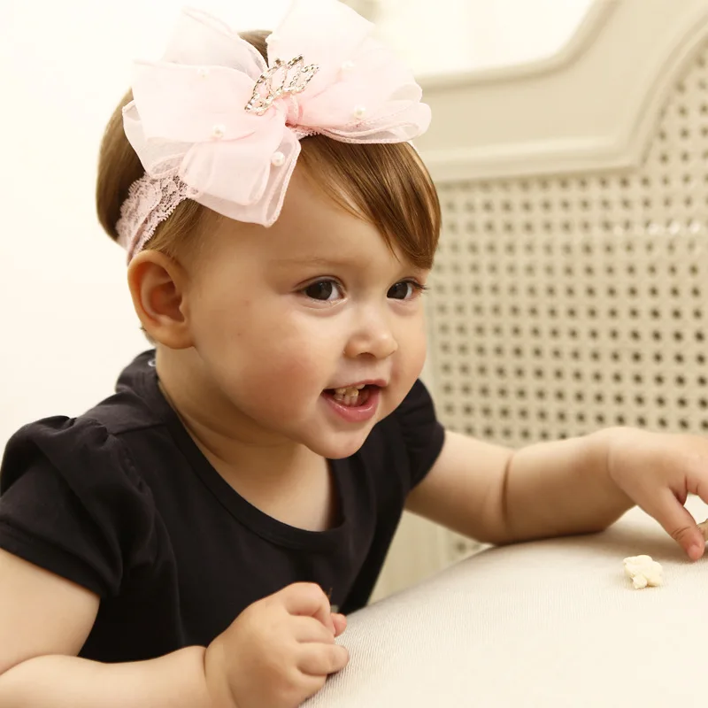 Lovely Girls Elastic Headband Fashion Bowknot Hairband kids Hair Accessories for Girls Pink lace crown Headdress